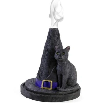 Imagen de Encantador Sombrero de Bruja Negro con diseño Gato, Soporte Cono Incienso, 11,5 cm x 10,5 (1 Unidad), Llamativo, potenciador Ambiente hogar y la Oficina