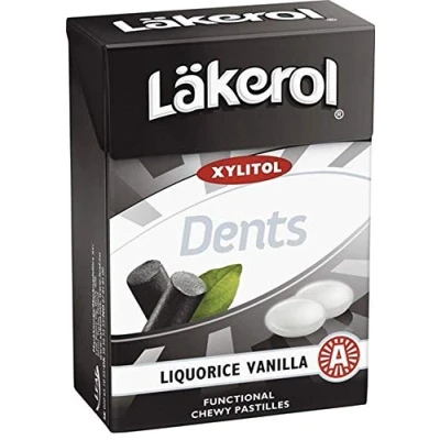 Imagen de 12 cajas x 85g de Läkerol Dents Regaliz Vainilla Original Sueco Sin Azúcar Xilitol Pastillas Grageas Gotas Caramelos Dulces