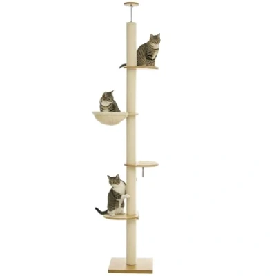 Imagen de rascador PawHut, para gatos de techo alto, 230 250 cm, árbol trepador con hamaca, altura regulable, juegos protección antivuelco, felpa, roble+crema blanco