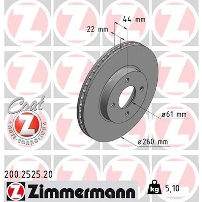 Imagen de ZIMMERMANN COAT Z 200.2525.20 Disco de freno 260 22 4/4 4 100 ventilación interna revestido NISSAN: Note II Hatchback, MICRA