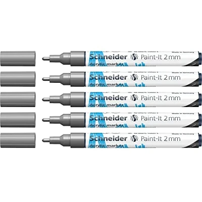 Imagen de Schneider 120154 Paint It Lápices acrílicos (con punta redonda de 2 mm, pinturas acrílicas alta cobertura para madera, lienzo, piedra, etc.), 5 unidades, color plateado