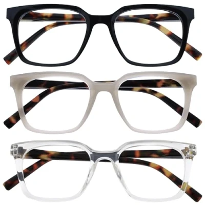 Imagen de OPULIZE KOI Gafas de Lectura Pack 3 Marco Rectangular Ancho Negro/Gris/Transparente Hombre Mujer Bisagras Muelle RRR50 17C +1.50