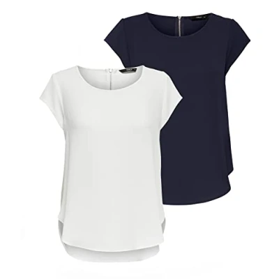 Imagen de ONLY Onlvic S/S Solid AOP Top Ptm Camiseta de Manga Corta para Mujer, Pack 2 (1 Chaqueta Azul Marino/1 Cloud Dancer), 38