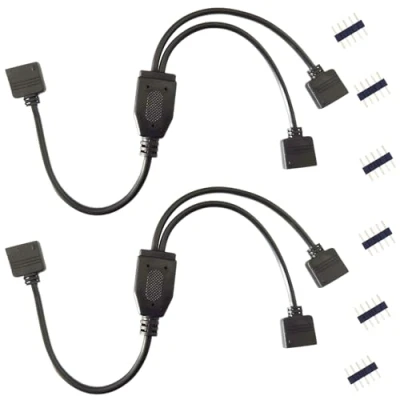 Imagen de BoHong 2pcs Cable Divisor Tira LED RGBW 1 a 2 Conector Esquina Cinta 5 Pines Strip Splitter Distribución Banda Pin Tapones para SMD 5050 Strip, 30cm, Negro
