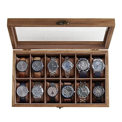 Imagen de SONGMICS Caja para Relojes con 12 Compartimentos, de Madera Maciza, Tapa Cristal, Cojín Relojes, Regalo Queridos, Nogal Rústico JOW120K01