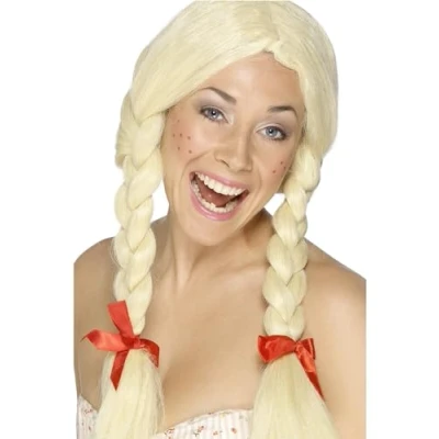 Imagen de Smiffys Peluca de colegiala/holandesa, rubia, trenzas con lazos