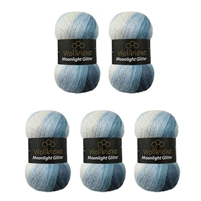 Imagen de Moonlight Glitter Batik Simli Ovillo de lana para tejer, 5 x 100 g, 500 tejer y crochet, 20% lana, metalizada, turca, degradada, brillante (5500 azul, blanco)