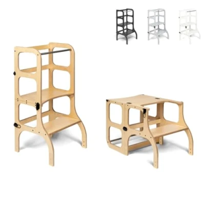 Imagen de Ette Tete Step’n’Sit® Montessori Torre Mesa de Aprendizaje Convertible Multifuncional 2 en 1 (con Cierres Negro, Madera)