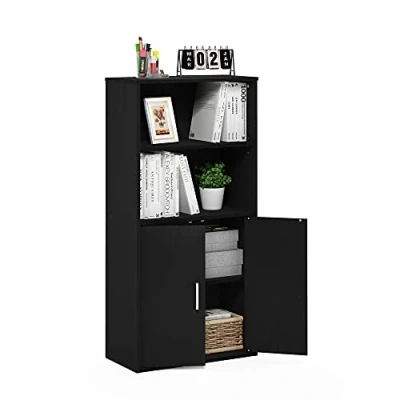 Imagen de Furinno Pasir Armario de Almacenamiento con 2 estantes Abiertos y Puertas, Madera ingeniería, Roble Negro, 59.9(W) x 121.4(H) 30(D) cm