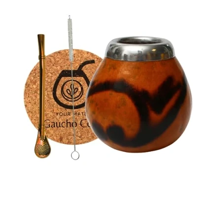 Imagen de Gaucho Cebar Juego de calabazas naturales para té Yerba Mate Taza calabaza y pajita acero inoxidable Bombilla Straw Accesorios: almohadilla corcho
