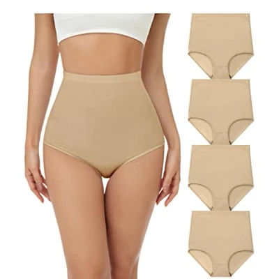 Imagen de wirarpa Bragas Mujer Algodón Elásticas Culotte Súper Cintura Alta Braguitas Cómodas Cobertura Completa Pack de 4 Beige Talla 2XL