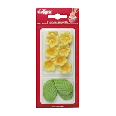 Imagen de Dekora Caja de 8 Flores Azucar Amarillas y 5 Hojas Verdes Figuras Comestibles para Tartas Decoracion Tarta Cumpleaños Azúcar
