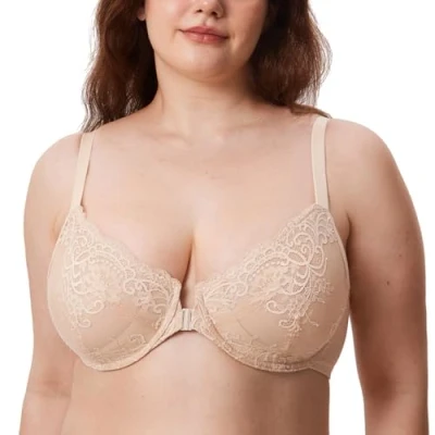 Imagen de DELIMIRA Sujetador de Encaje con Cierre Delantero Talla Grande sin Relleno y Aros para Mujer Beige 110E