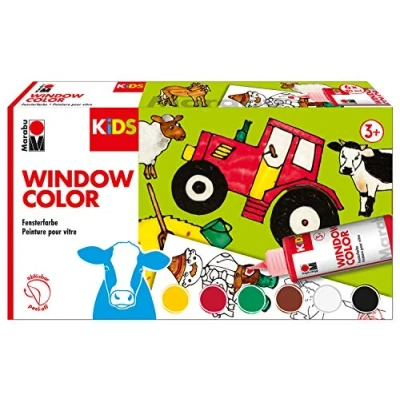 Imagen de Marabu 0306000000010 Kids Window Color Farmer con 6 x 80 ml de pintura, página para colorear A3 25 motivos y lámina A4, pintura a base agua, adecuada vidrio, espejos, azulejos láminas