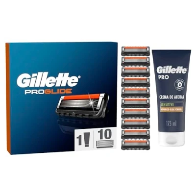 Imagen de Gillette ProGlide Recambios Para Hombre, 10 + PRO Piel Sensible Crema de afeitar 175 ml, cuchillas afeitar, Máquinilla hombre