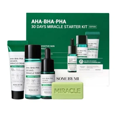 Imagen de SOME BY MI AHA BHA PHA Kit de inicio 30 días: tónico 1,01 oz, suero 0,33 crema 0,7 barra limpiadora 1,05 juego cuidado diario exfoliante suave para la piel