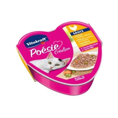 Imagen de Vitakraft Poésie Création, pollo y verduras de la huerta, en salsa, comida húmeda para gatos adultos, sin azúcares ni cereales añadidos (1x85g)