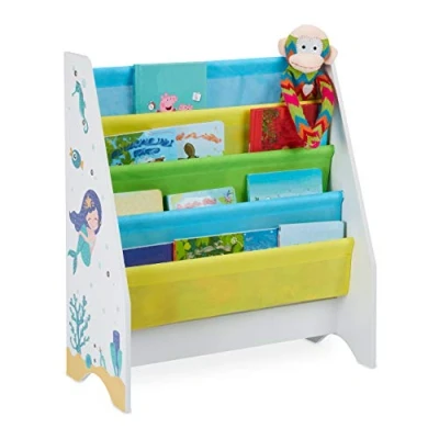 Imagen de Relaxdays Librería Infantil, 4 Bolsas Tela Colgantes, Diseño Sirenas, Estantería Libros, 71 x 62 29 cm, Multicolor