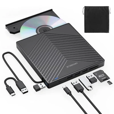 Imagen de ORIGBELIE Unidad de CD DVD Externa, grabadora ultradelgada USB 3.0 con 4 Puertos y 2 Ranuras para Tarjetas TF/SD, Disco óptico computadora portátil Mac, 8 en 1