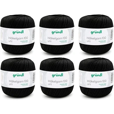 Imagen de Gründl Häkelgarn, Vorteilspack 6 Knäuel à 100 g Plain (Hilo de Ganchillo 100% Mercerizado, 566 m, tamaño Aguja: 1,5 2, x g), Negro, Algodón, Nero, One Size, 600