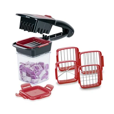Imagen de Genius A27165 Nicer Dicer Quick XXL Juego de picadora con 3 cuchillas intercambiables y recipiente colector 320 ml en formato manual, 30 cubos o 10 rebanadas un clic, acero inoxidable
