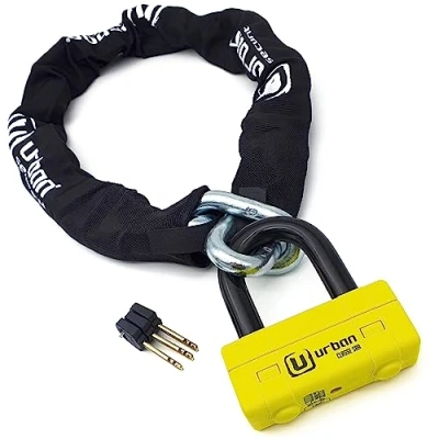 Imagen de URBAN UR75100 Cadena Candado Antirrobo Pesado ø15mm + Mini U, Alta Seguridad Homologada SRA, 100cm Completamente Testada +Visible, Antirobo Multifunción para Disco Freno, Anclaje, Motocicleta, Parking