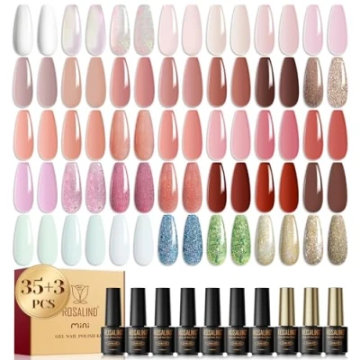 Imagen de ROSALIND 38Pcs Esmalte Semipermanente, 35 Colors Mini Blanco Translúcido Nude Rosa Jelly Glitter Pintauñas Semipermanentes，Esmalte de Uñas Semipermanentes Principiantes Art DIY
