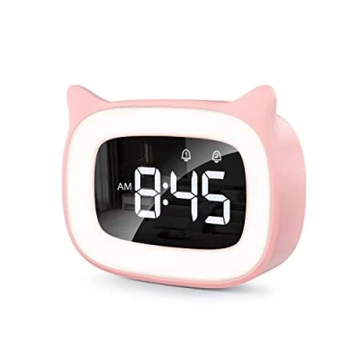 Imagen de mizikuu Despertador Infantil Digitals, para Niñas, LED Pantalla Reloj Alarma Inteligente, 12/24 Horas, 5 Brillo Ajustable, Doble, 18 Música Despertadores Digitales, con Snooze