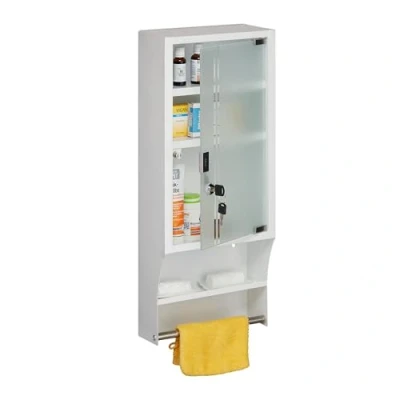 Imagen de Relaxdays Medicinal Cristal Armario Botiquín con Toallero, Puerta de Vidrio, Cerradura, 4 Compartimentos, 65x27x12 cm, Colgante, Blanco, Tela no Tejida