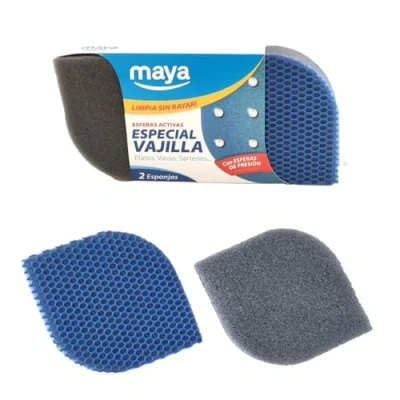 Imagen de MAYA Estropajo EVO para Vajillas. Limpia sin Rayar. No Deja Restos de Comida. Lavables en Lavavajillas y Lavadora. Dimensiones 12x8,5x2,5 cm Pack 2 Estropajos (Azul)
