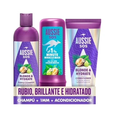 Imagen de Aussie PACK ESPECIAL: SOS Blonde &amp; Hydrate Champú Morado 300 ml + Acondicionador 200 1 Minute Miracle All In One Colour Rescue Mascarilla 250