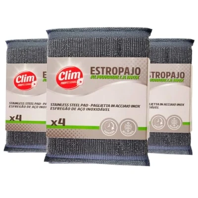 Imagen de Clim Profesional 12 Estropajos Almohadilla de Acero Inoxidable. Resistente y Eficaz para Limpiezas Difíciles Suciedad Requemada en Cocinas. Estropajo Duradero Limpieza Efectiva.
