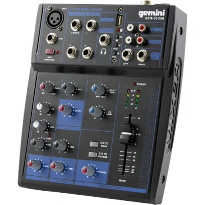 Imagen de Gemini Sound GEM 05USB Mezclador analógico de 5 canales compacto que incluye un canal micrófono baja ruido, EQ 2 bandas, reproducción USB dispositivos y transmisión Bluetooth