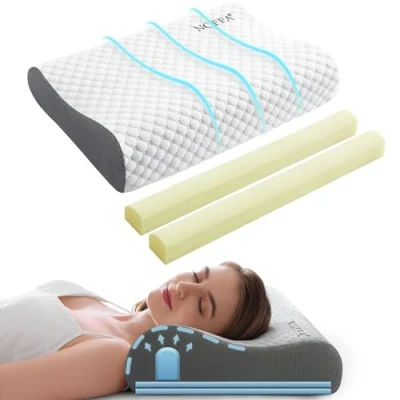 Imagen de NOFFA Almohada Viscoelastica para Soporte de Cuello, Cervical Ergonómico Personas Que Duermen Lado/Espalda/Boca Abajo Ajustable en Altura y Firmeza 55x35x(11/8, 8/5)