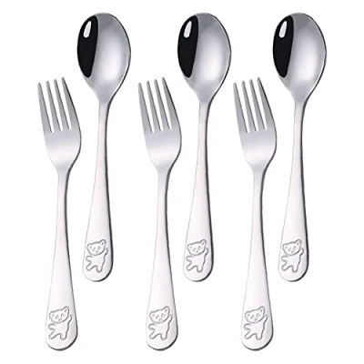 Imagen de PHIEZC Cubertería Infantil 6 Pieza para niños de Acero Inoxidable,3 cucharas soperas,3 Tenedores Postre,Juego Cuchara Tenedor,Tenedor bebé,patrón Oso,16,5 cm