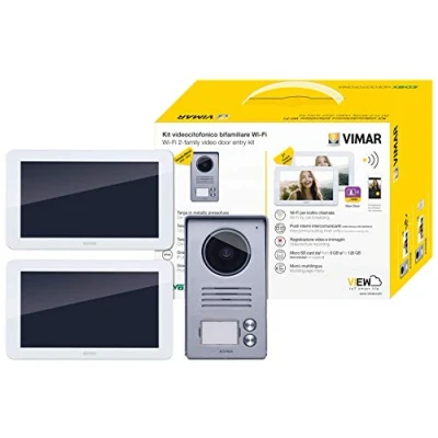 Imagen de Vimar K40956 2 family video entry kit with: hands free 7in entryphones with Wi Fi connection, button audio/video entrance panel, supply units, fixing bracket