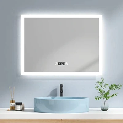 Imagen de EMKE Espejo de baño con iluminación, 80 x 60 cm, LED, 3 Colores luz, Blanco frío, cálido, iluminación Interruptor táctil, sin vaho, Reloj IP44