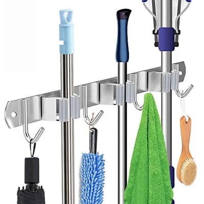 Imagen de Soporte para fregona de escoba, Organizador almacenamiento montado Acero Inoxidable Colgador Fregonas 3 Posiciones y 4 Ganchos Hogar Cocina Garajes