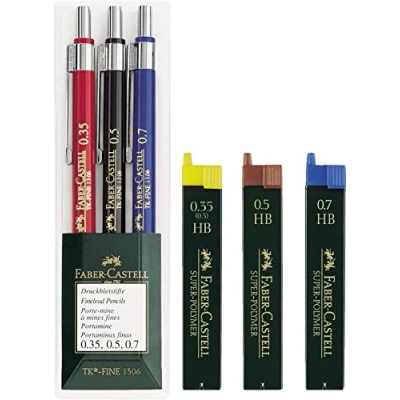 Imagen de Faber Castell 130622 TK FINE Juego de portaminas (3 unidades, 0,35 mm, 0,5 mm y 0,7 mm), + 3 estuches con minas recambio