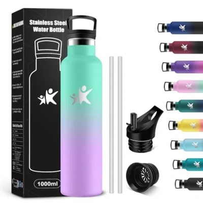 Imagen de KollyKolla Botella Agua Acero Inoxidable 1L, Termica con Pajita y Filtro, Reutilizable, Cantimplora sin BPA, Prueba de Fugas, Termo para Senderismo, Adultos, Escuela, Deporte, Gimnasio