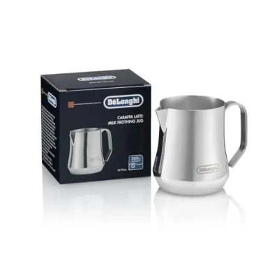 Imagen de De&#039;Longhi jarra espumadora de leche, acero inoxidable, 481.9 g (500 ml), herramienta barista, para máquina espresso, café, capuchino, latte arte, DLSC069