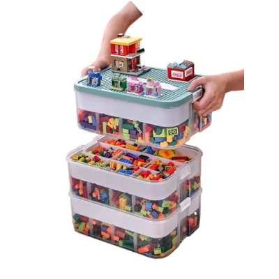 Imagen de caja de almacenamiento para niños con tapa, bloques construcción, juguetes, juguetes habitación infantil, 3 niveles, cajas apilables, organizadoras,