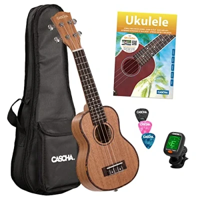 Imagen de CASCHA HH 2027 de Premium Soprano Ukulele Bundle en caoba con cuerdas AQUILA, bolsa acolchada, formación ukelele alemán (+DVD), afinador y 3 púas