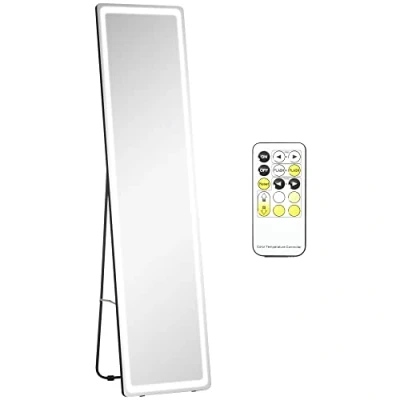 Imagen de HOMCOM Espejo de Pared Cuerpo Entero Pie Suelo con Luces LED Mando a Distancia 3 Colores Luz Ajustable Brillo y Marco Aluminio 40x37x157,5 cm Plata Negro