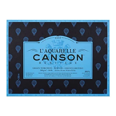 Imagen de Canson Heritage, Papel de acuarela, Áspero, 300g, Block pegado a 4 lados, 23x31cm, Blanco, 20 hojas
