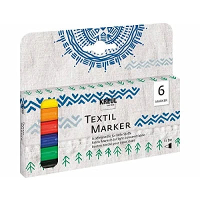 Imagen de KREUL 90690 Textile marker fine, 6 pisaków do malowania tkanin w jasnych kolorach, z nieczułą końcówką fibrową, szerokość linii ok. 1 2 mm, odporny na zmywanie po utrwaleniu