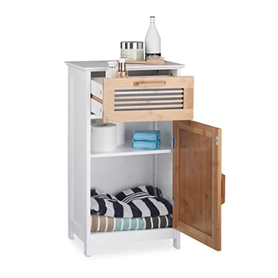 Imagen de Relaxdays, 5 cm Armario de baño, Estrecho, Natural, Altura Ajustable, MDF, Blanco, Tablero Fibras, 70x40x28
