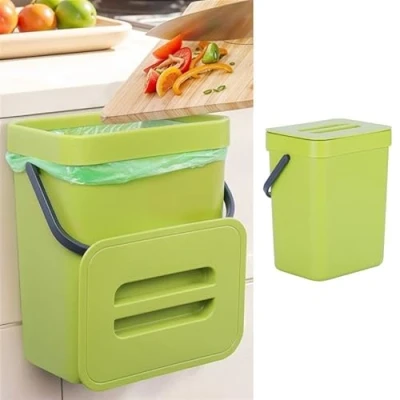 Imagen de BELLE VOUS Set de Basurero Cocina 2x Cubo Residuos Pequeño Verde Mini Papelera Colgable 2,3 y 4 L para Puerta Fregadero o Encimera Basura Organica Desperdicios