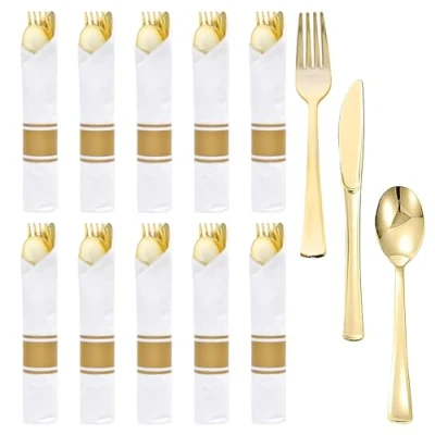 Imagen de Disnace Paquete De 10 Juegos Cubiertos, Set Cubiertos Plástico Reutilizables, Juego Fiesta con Cuchillos Tenedores Cucharas (Oro)