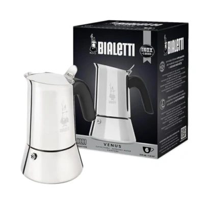 Imagen de Bialetti Nueva Venus Induction, cafetera espresso con placa de acero inoxidable, adecuada para todas las fuentes calor, 6 tazas, aluminio, plata